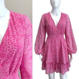 Japna Sheer Floral Tiered Ruffle Dress Size M Barbie Pink Tie Belt Smocked Back